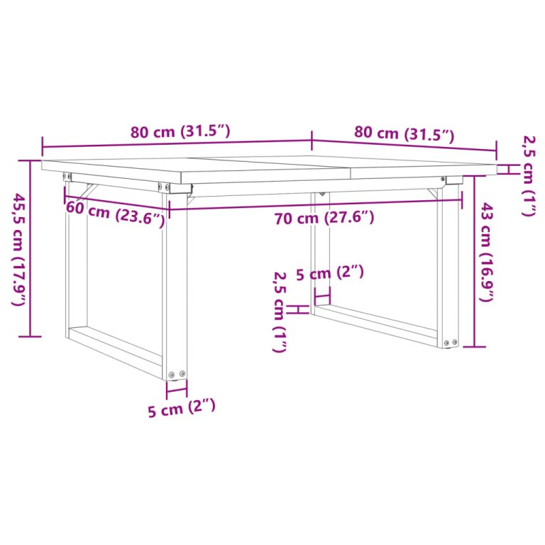 Masă de cafea, cadru O, 80x80x45,5 cm, lemn masiv pin și fontă