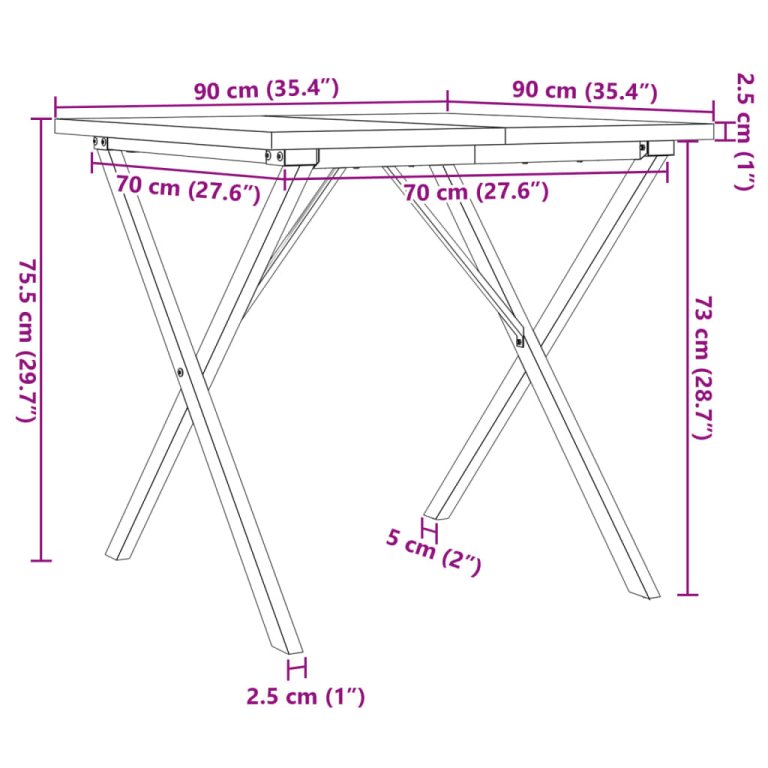 Masă bucătărie, cadru X, 90x90x75,5 cm lemn masiv pin și fontă