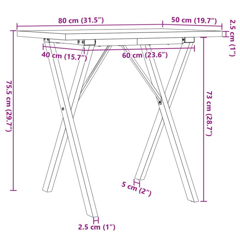 Masă bucătărie, cadru X, 80x50x75,5 cm lemn masiv pin și fontă