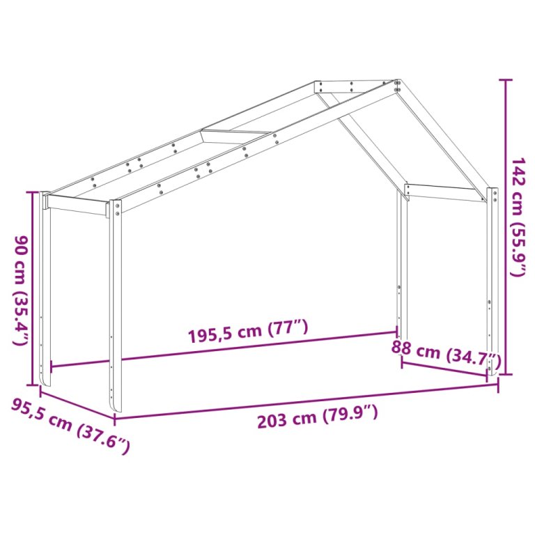 Acoperiș Pat Copii, alb, 203x95,5x142 cm Lemn Mass Pin