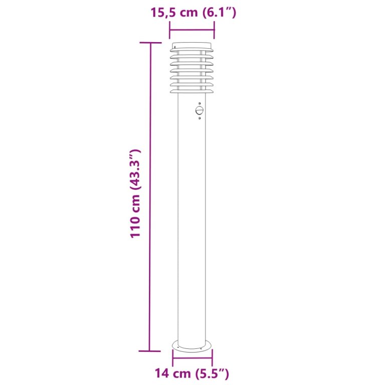 Lampă exterioară de podea cu senzor, negru, 110 cm, oțel inox