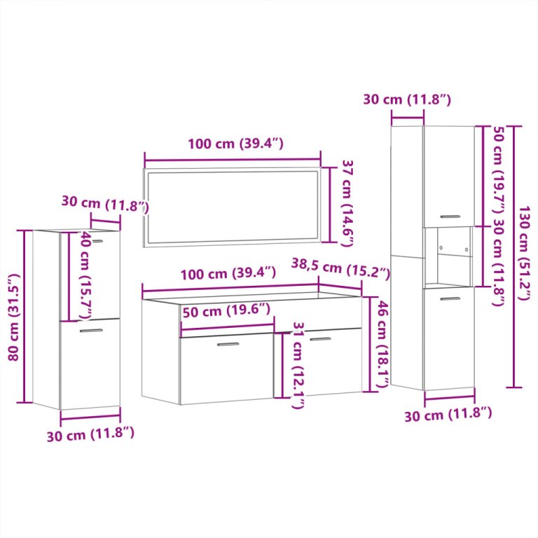 Set mobilier de baie, 4 piese, alb, lemn prelucrat