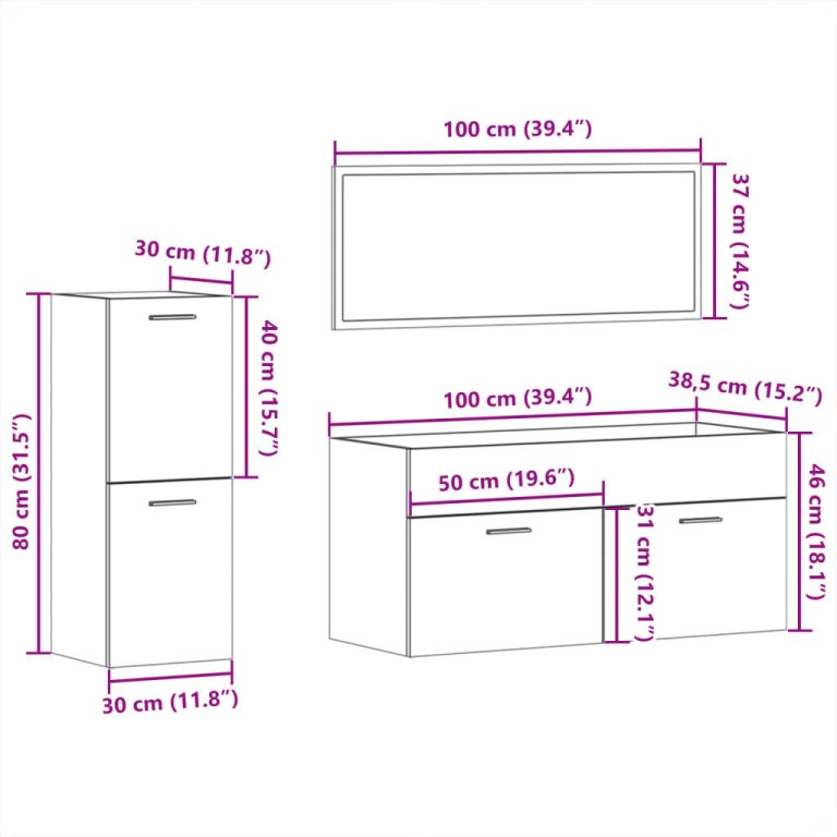 Set mobilier de baie, 3 piese, alb extralucios, lemn compozit