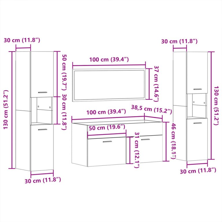 Set mobilier de baie, 4 piese, alb extralucios, lemn prelucrat