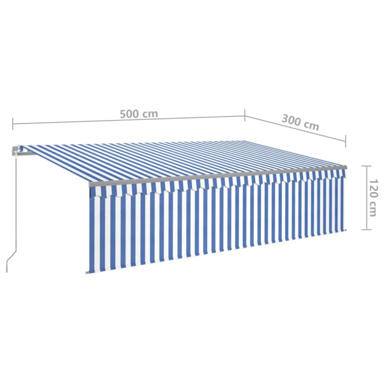 Copertină retractabilă manual cu stor&LED,albastru&alb, 5x3 m