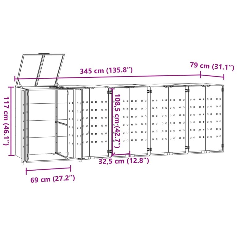 Depozitare coș gunoi cu roți 5 coșuri negru 345x79x117 cm oțel