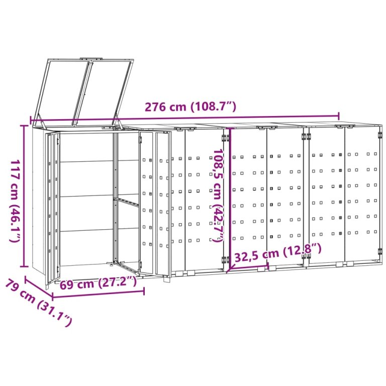 Depozitare coș gunoi cu roți 4 coșuri gri 276x79x117 cm oțel