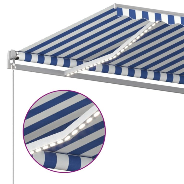 Copertină retractabilă manual LED, albastru și alb, 400x300 cm