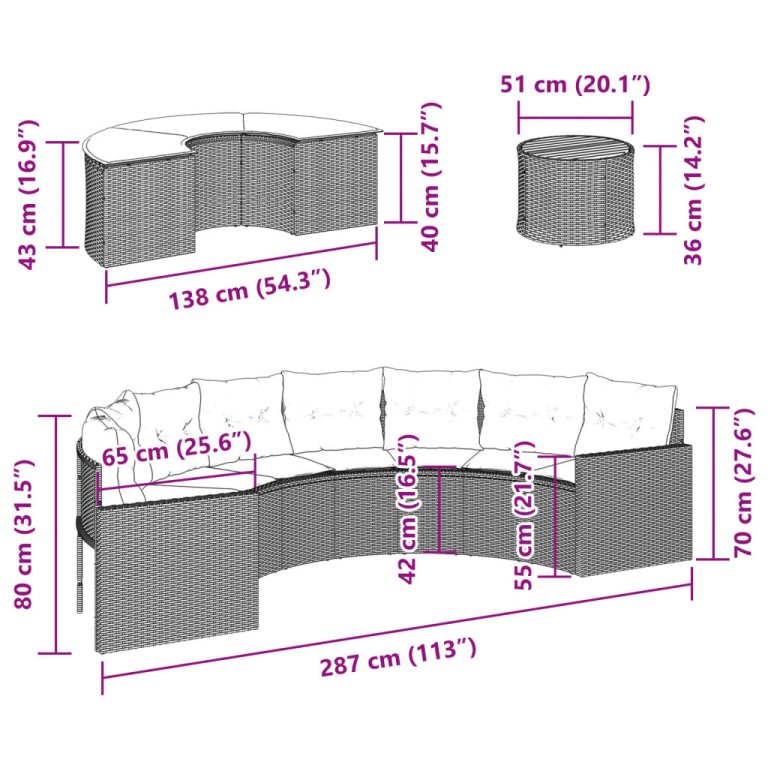 Set canapea de grădină, 3 piese, semi-rotunde, negru, poliratan