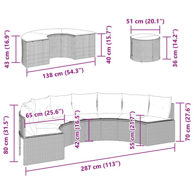 Set canapea de grădină, 3 piese, semi-rotunde, negru, poliratan