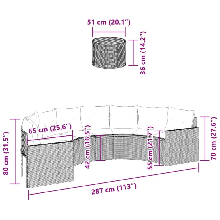 Canapea de grădină cu perne, semi-rotundă, negru, poliratan