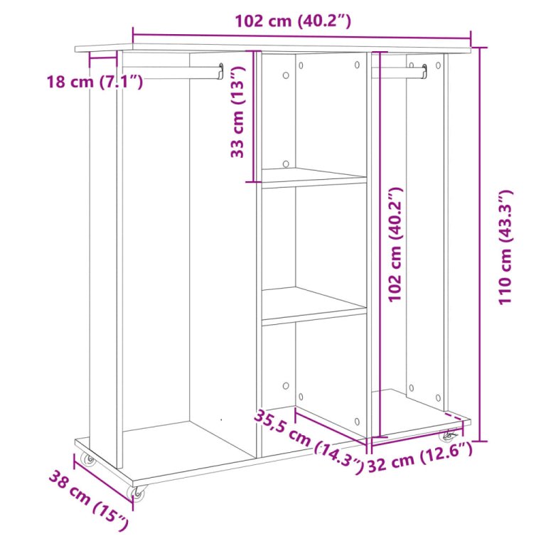 Șifonier cu roți, gri beton, 102x38x110 cm, lemn prelucrat