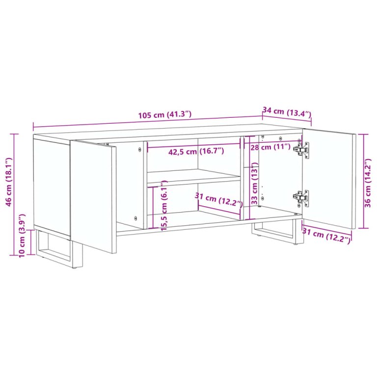 Dulap TV, alb, 105x34x46 cm, lemn masiv mango