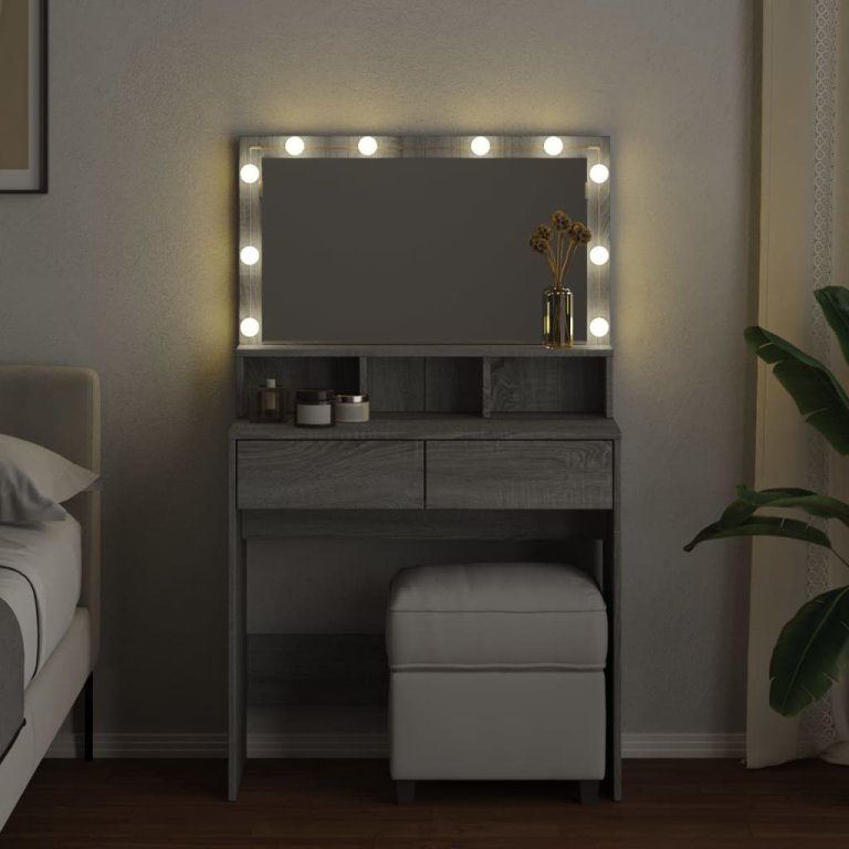 Masă de toaletă cu LED, gri sonoma, 80x41x134,5 cm