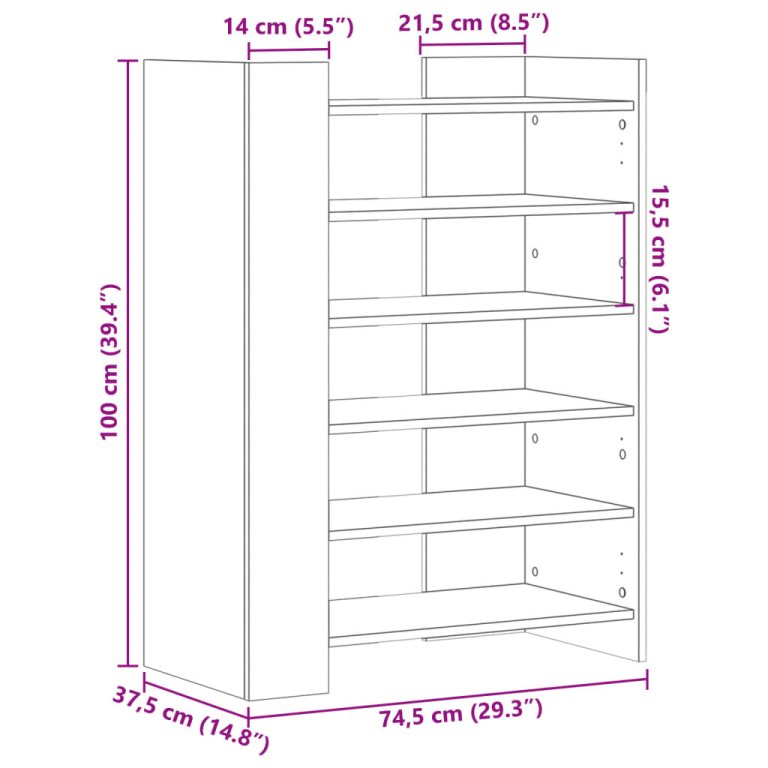 Pantofar, stejar afumat, 74,5x37,5x100 cm, lemn prelucrat