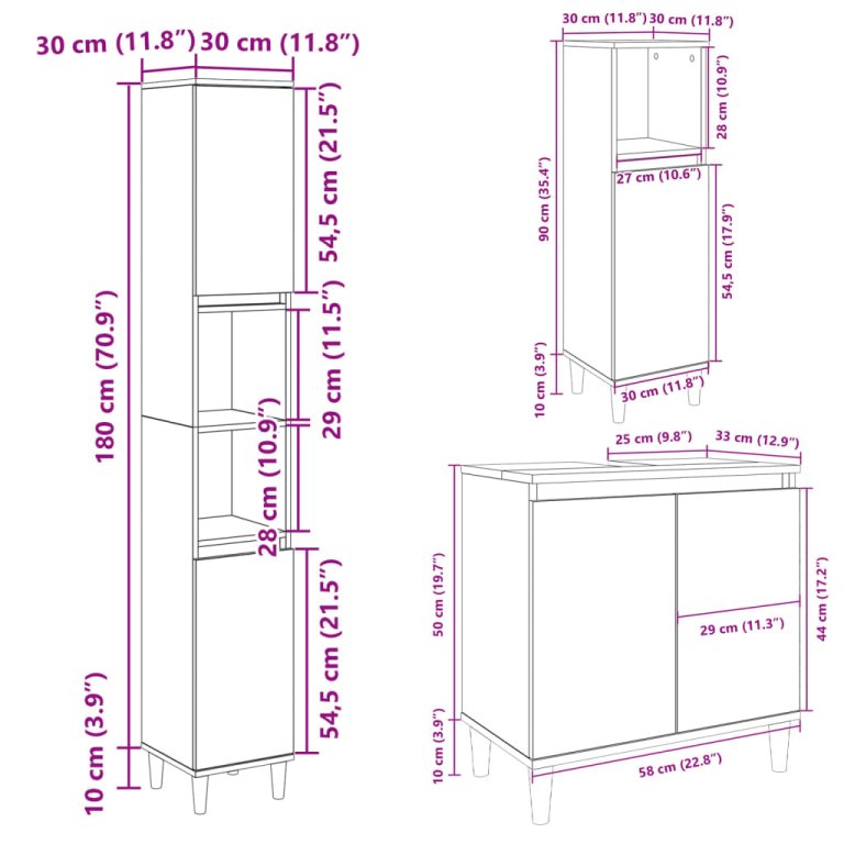 Set mobilier de baie, 3 piese, stejar sonoma, lemn prelucrat