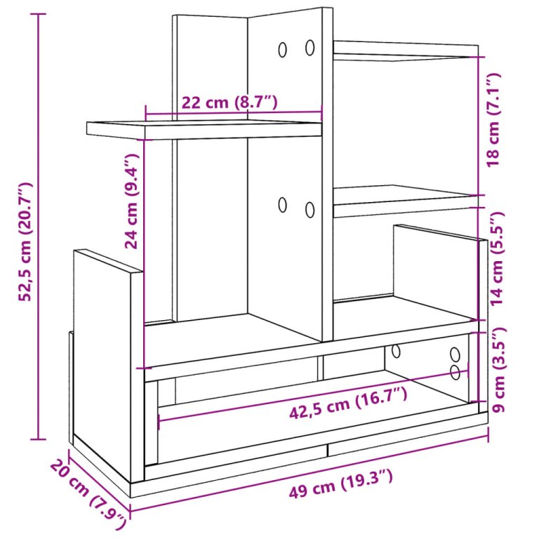 Organizator birou, gri beton, 49x20x52,5 cm lemn prelucrat