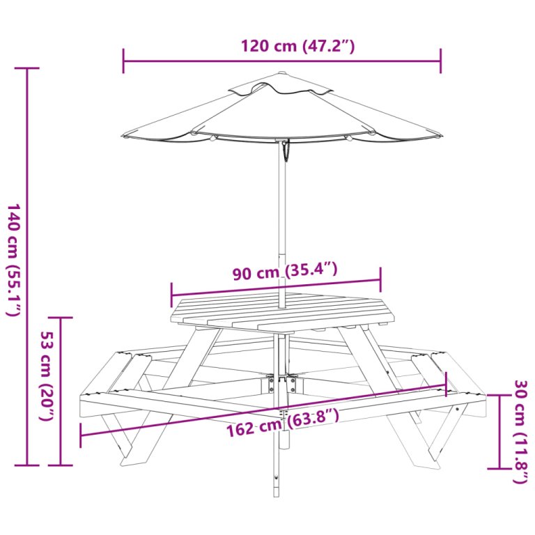 Masă picnic pentru 6 copii cu umbrelă, hexagon, lemn masiv brad