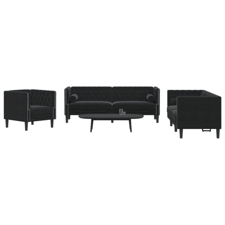 Set canapele Chesterfield cu perne rulou 3 piese negru catifea