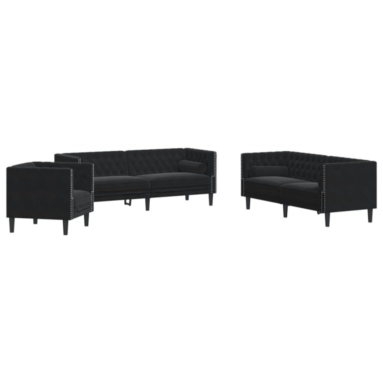 Set canapele Chesterfield cu perne rulou 3 piese negru catifea