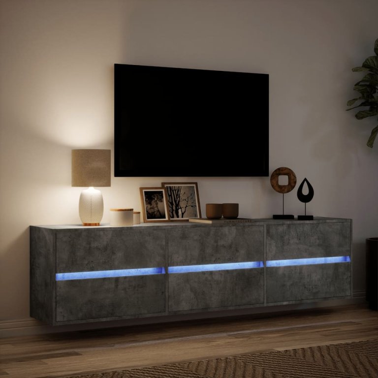 Comodă TV de perete cu lumini LED, gri beton, 180x31x45 cm