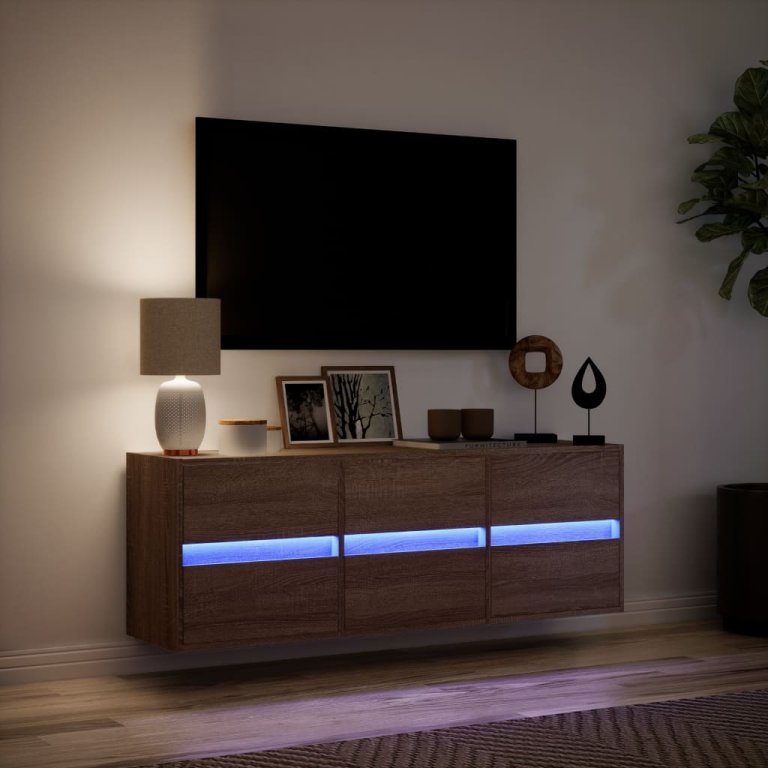 Comodă TV de perete cu lumini LED, stejar maro, 130x31x45 cm