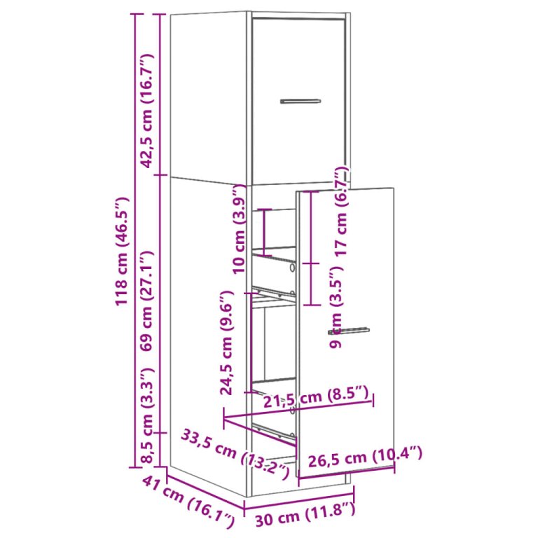 Dulap farmacie, stejar artizanal, 30x41x118 cm, lemn prelucrat