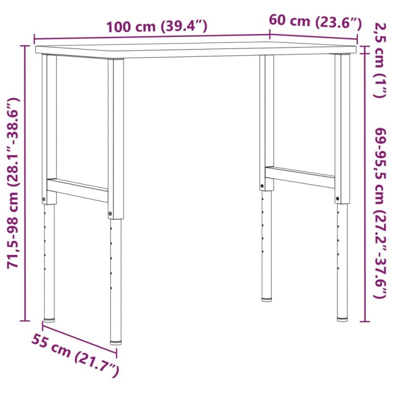 Banc lucru maro 100x60x(71,5-98)cm lemn masiv stejar dreptunghi