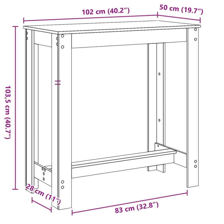 Masă de bar, stejar artizanal, 102x50x103,5 cm, lemn prelucrat