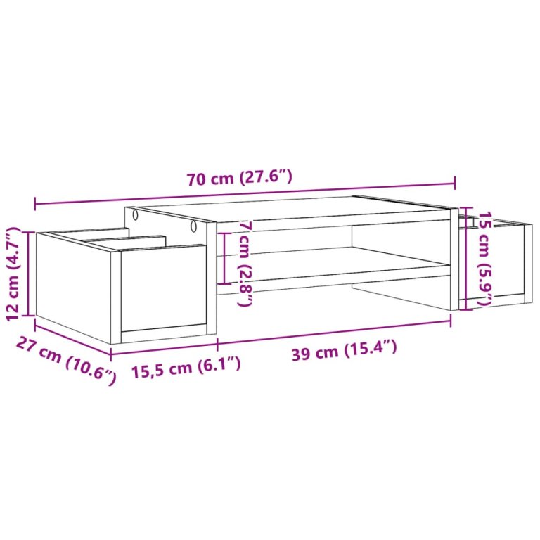 Suport monitor cu depozitare, gri beton, 70x27x15cm, lemn