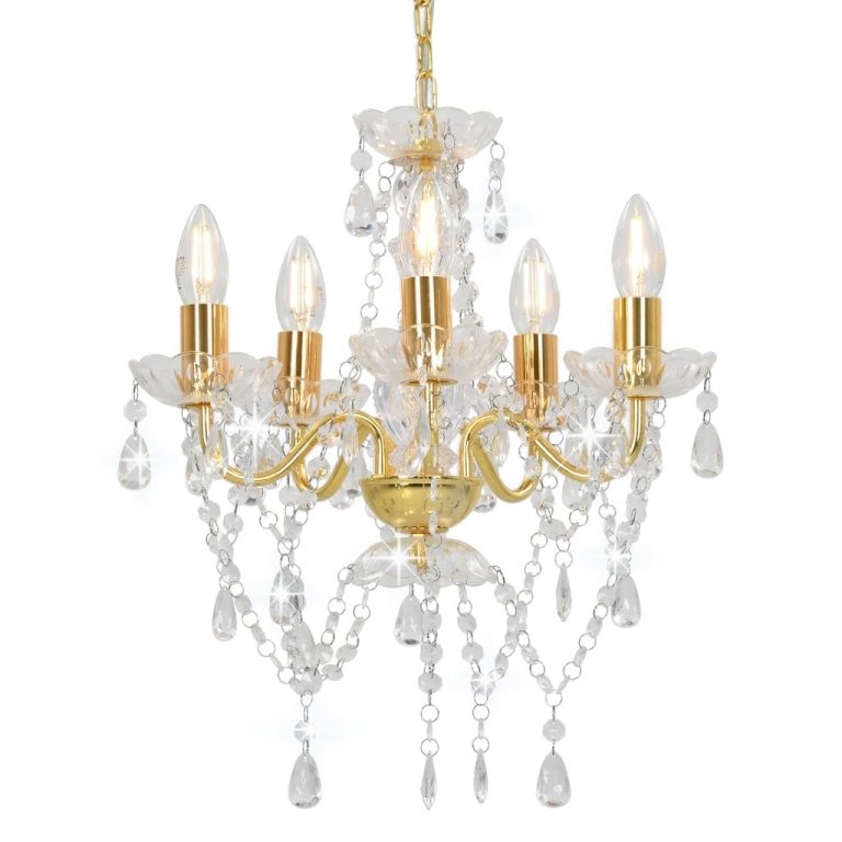 Candelabru cu mărgele de cristal, auriu, rotund, 5 x E14