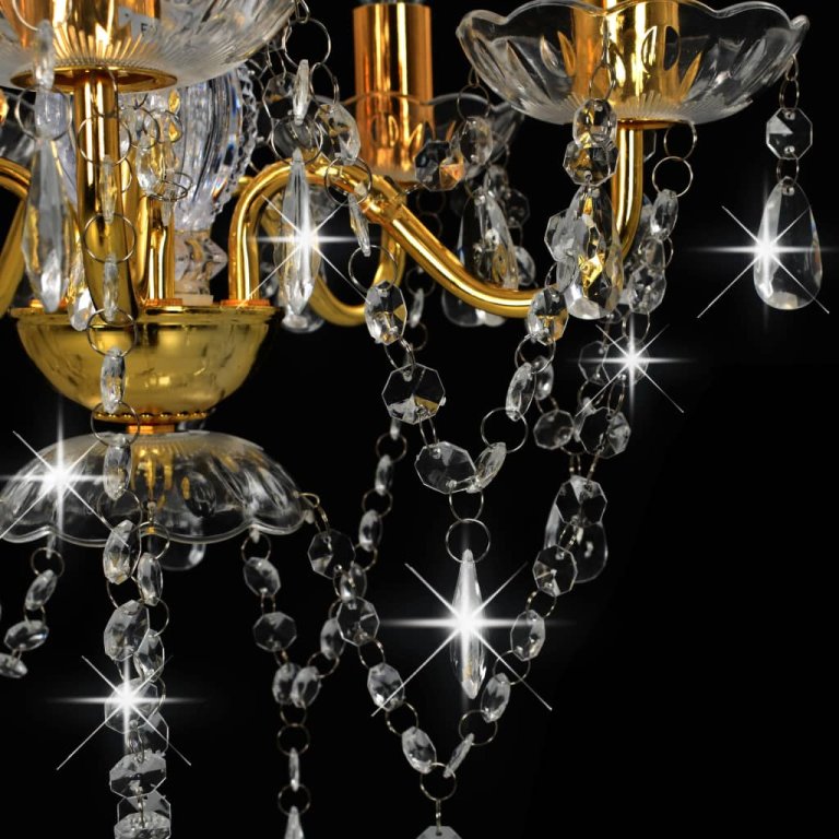 Candelabru cu mărgele de cristal, auriu, rotund, 5 x E14