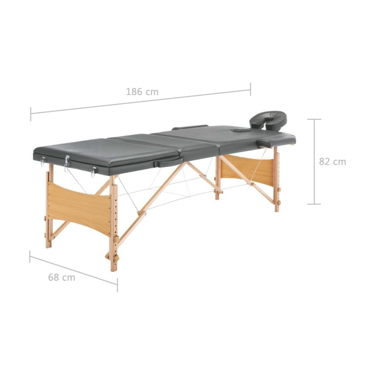 Masă de masaj cu 3 zone, cadru din lemn, antracit, 186 x 68 cm