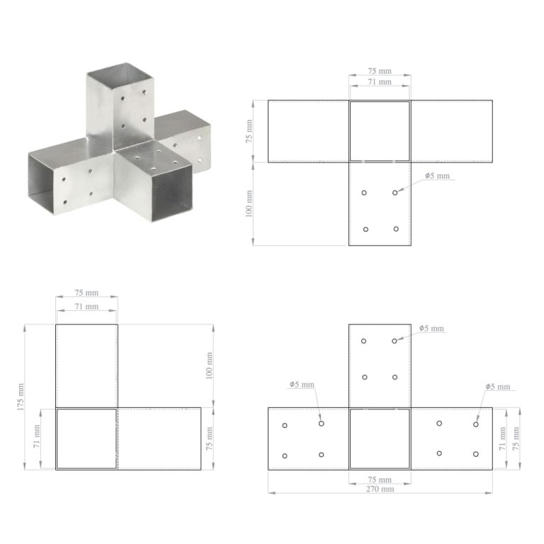 Conectori de grindă, formă X, 4 buc, 71x71 mm, metal galvanizat