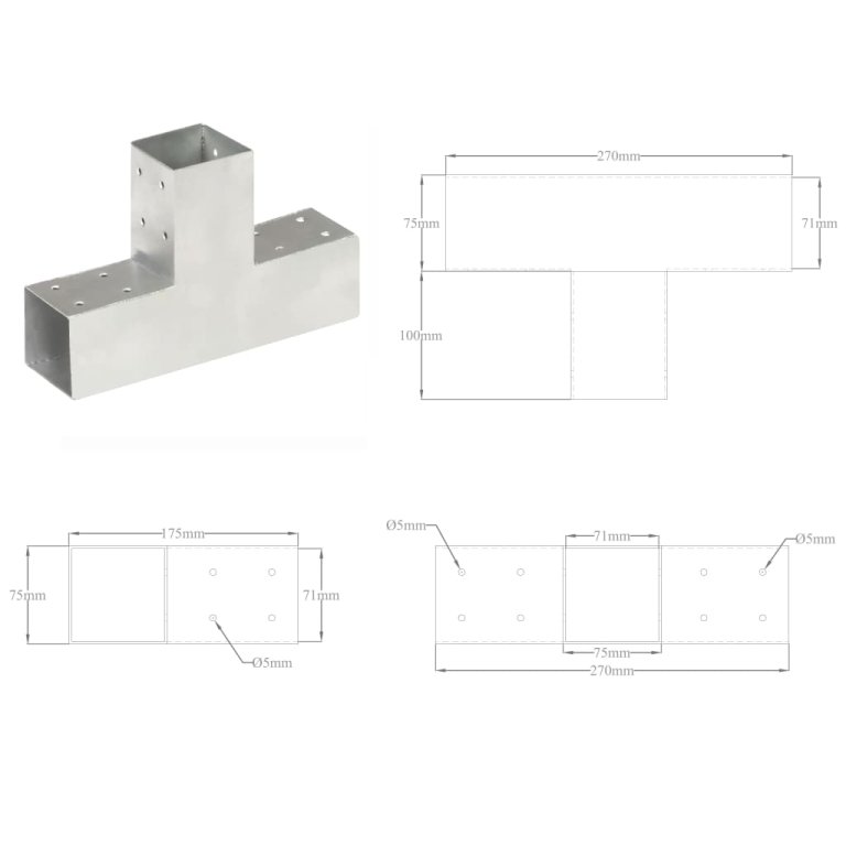 Conector de grindă, formă T, 71 x 71 mm, metal galvanizat