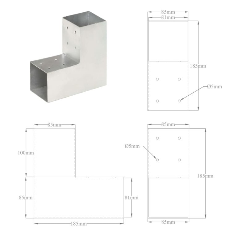 Conectori de grindă, formă L, 4 buc, 81x81 mm, metal galvanizat