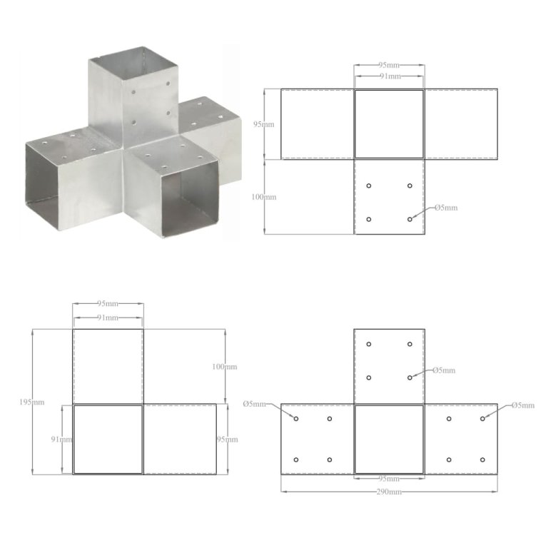 Conectori de grindă, formă X, 4 buc, 91x91 mm, metal galvanizat