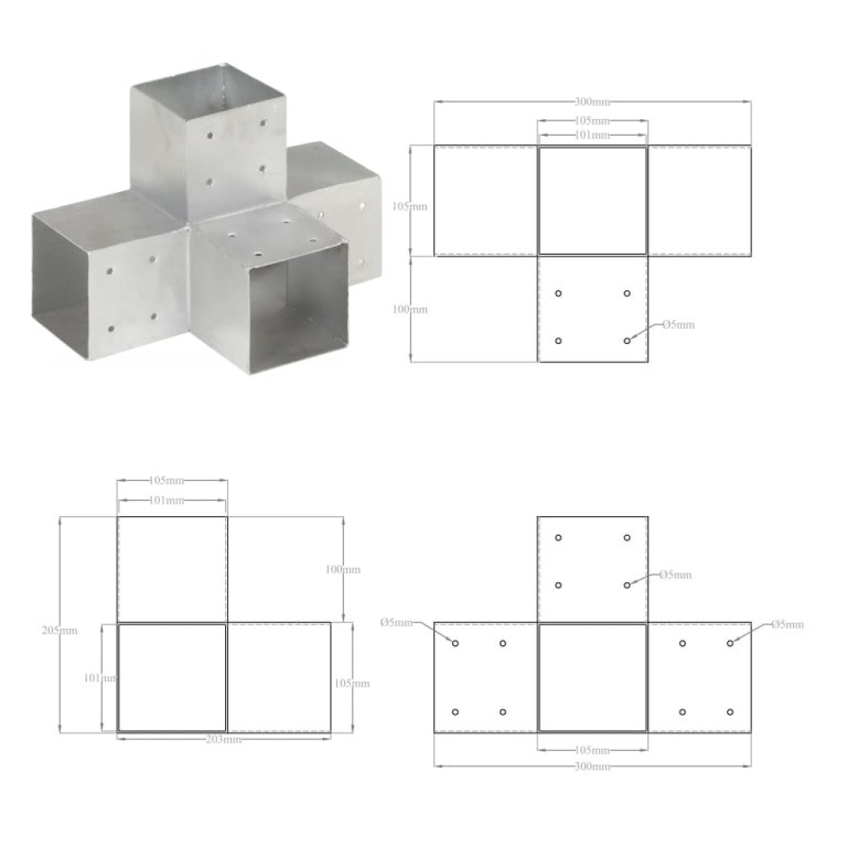 Conector de grindă, formă X, 101 x 101 mm, metal galvanizat