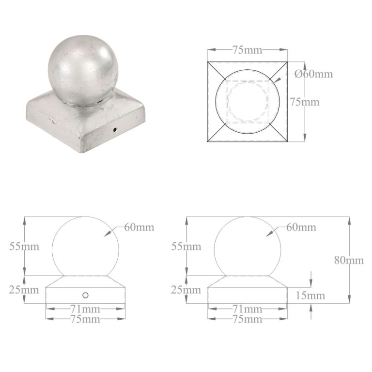 Capace stâlpi tip glob, 6 buc., 71 x 71 mm, metal galvanizat