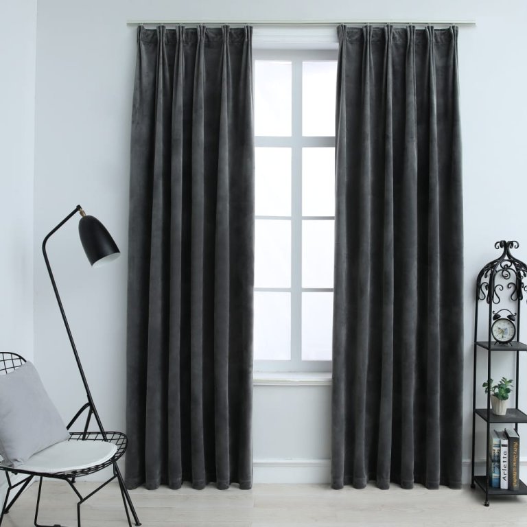 Draperii opace cu cârlige, 2 buc., antracit, 140x245cm, catifea