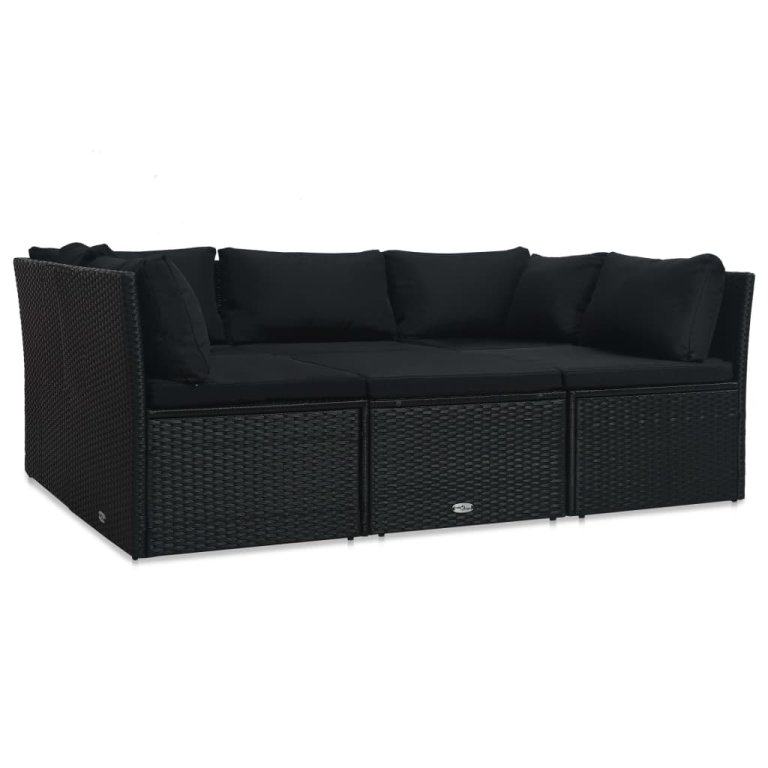 Set mobilier de grădină cu perne, 4 piese, negru, poliratan