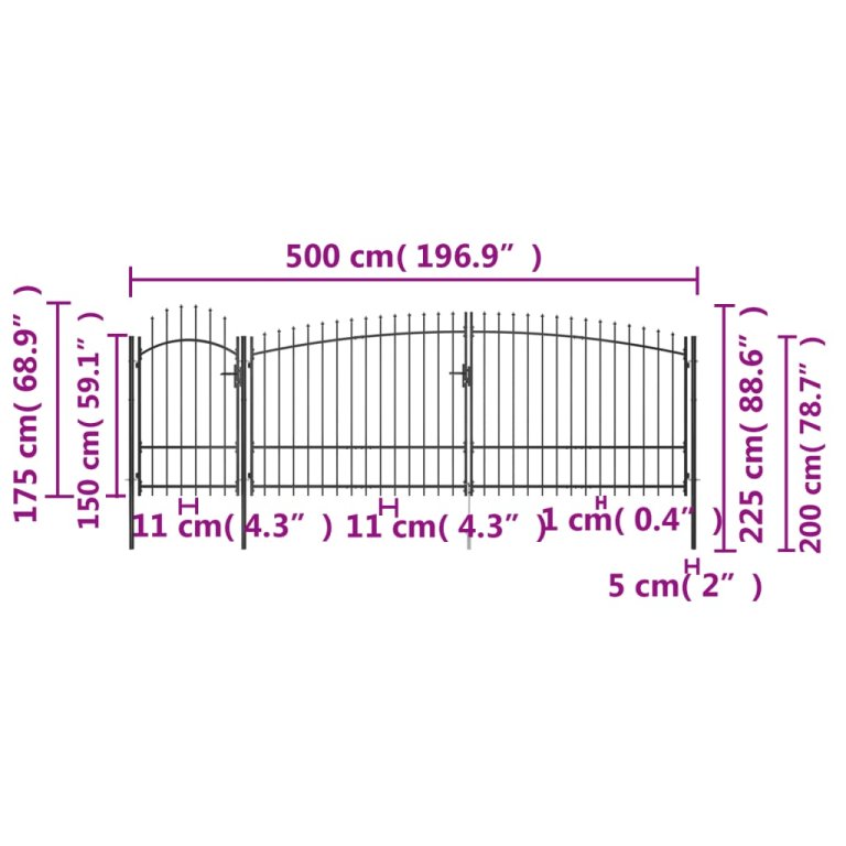 Poartă gard pentru grădină cu vârf suliță, negru 5 x 2,25 m