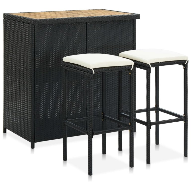 Set mobilier de bar, 3 piese, negru, poliratan