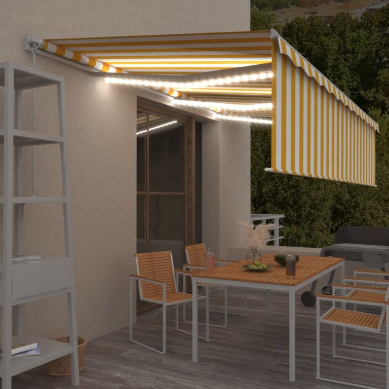 Copertină retractabilă manual cu stor&LED, galben&alb, 6x3 m