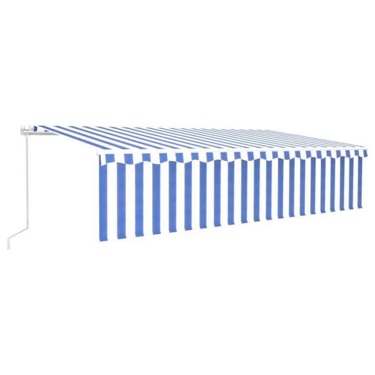 Copertină retractabilă manual cu stor&LED, albastru&alb, 6x3 m