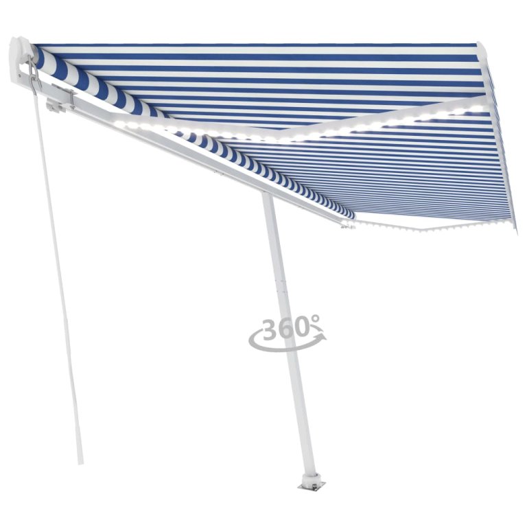 Copertină retractabilă manual cu LED, albastru & alb 500x300 cm