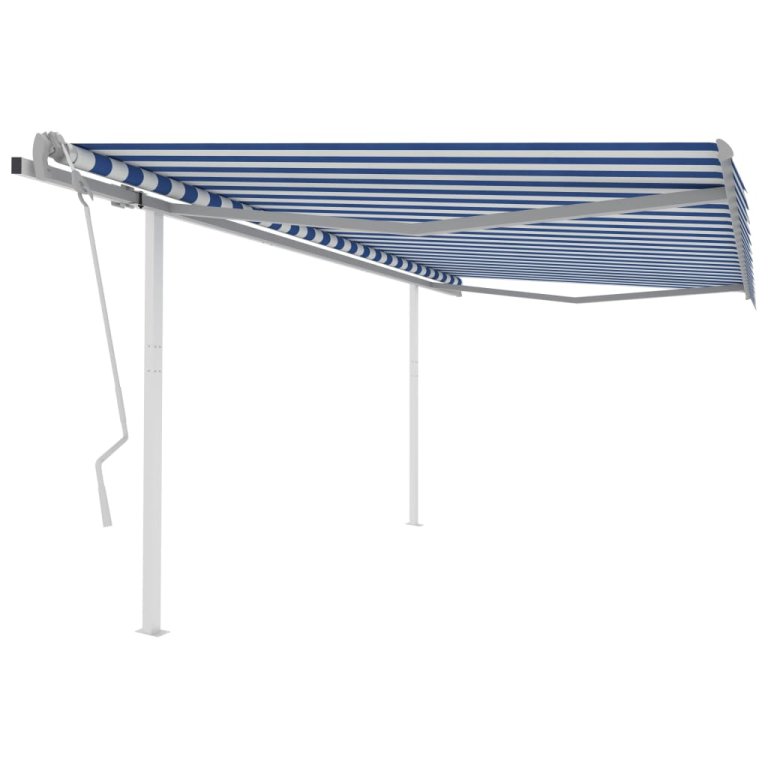 Copertină retractabilă manual, cu stâlpi, albastru/alb, 4x3 m