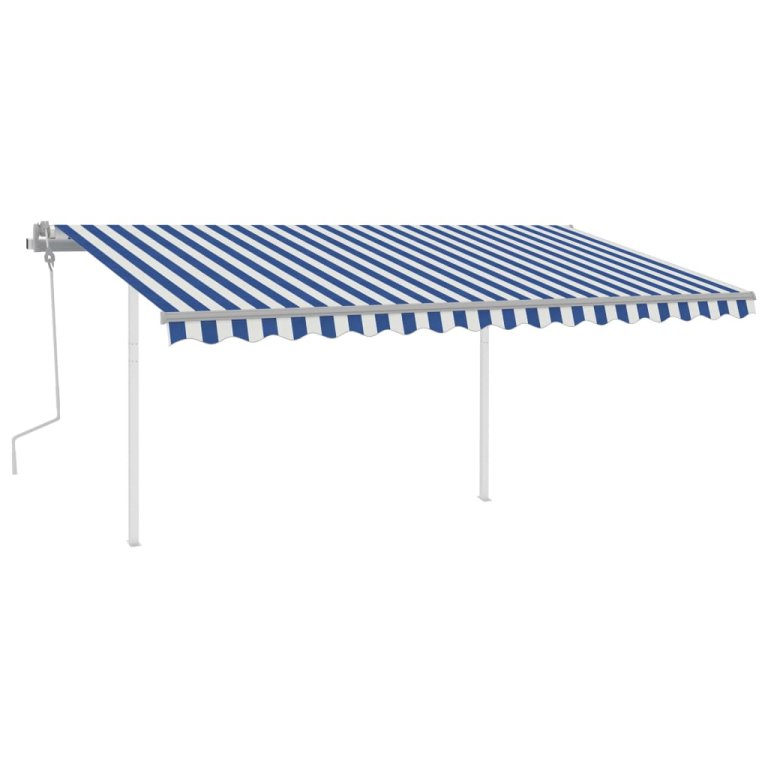 Copertină retractabilă manual, cu stâlpi, albastru/alb, 4x3 m