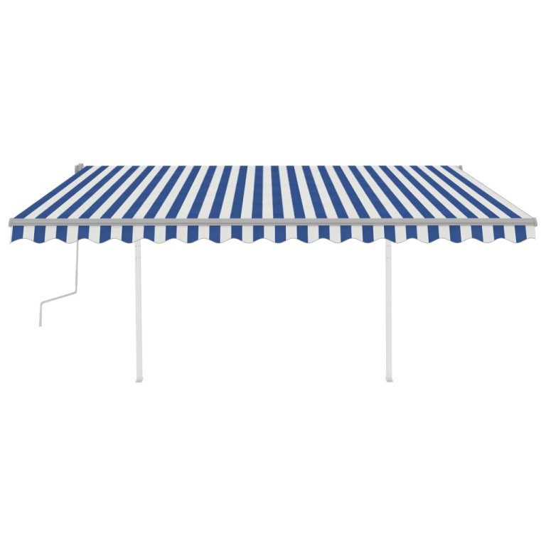 Copertină retractabilă manual, cu stâlpi, albastru/alb, 4x3 m