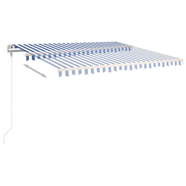 Copertină retractabilă manual, cu stâlpi, albastru/alb, 4x3 m